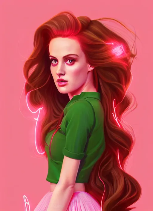 Image similar to full body portrait of teenage cheryl blossom, bangs, green eyes, sultry expression, red hair, sultry smirk, bangs and wavy hair, pink skirt, intricate, elegant, glowing lights, highly detailed, digital painting, artstation, concept art, smooth, sharp focus, illustration, art by wlop, mars ravelo and greg rutkowski