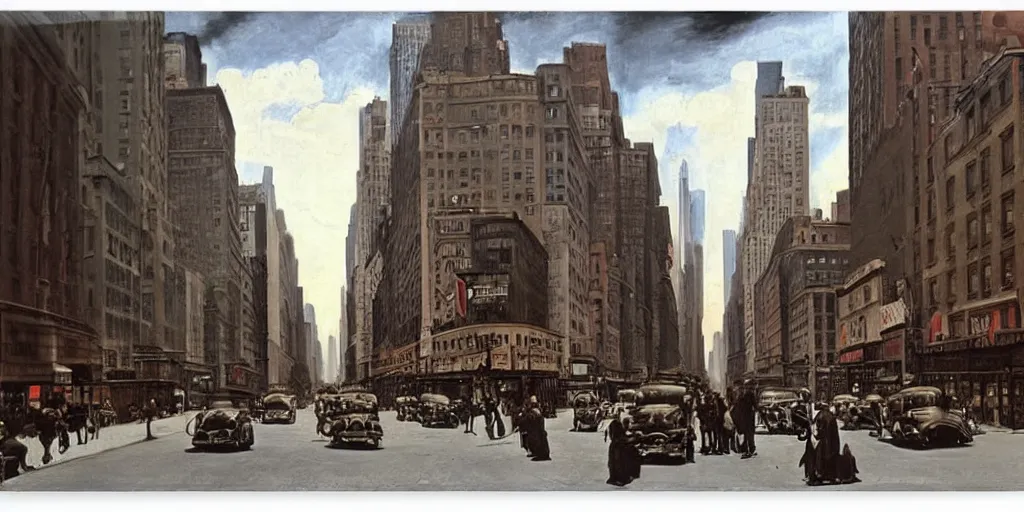 Image similar to a New York City street in 1940 by Caravaggio