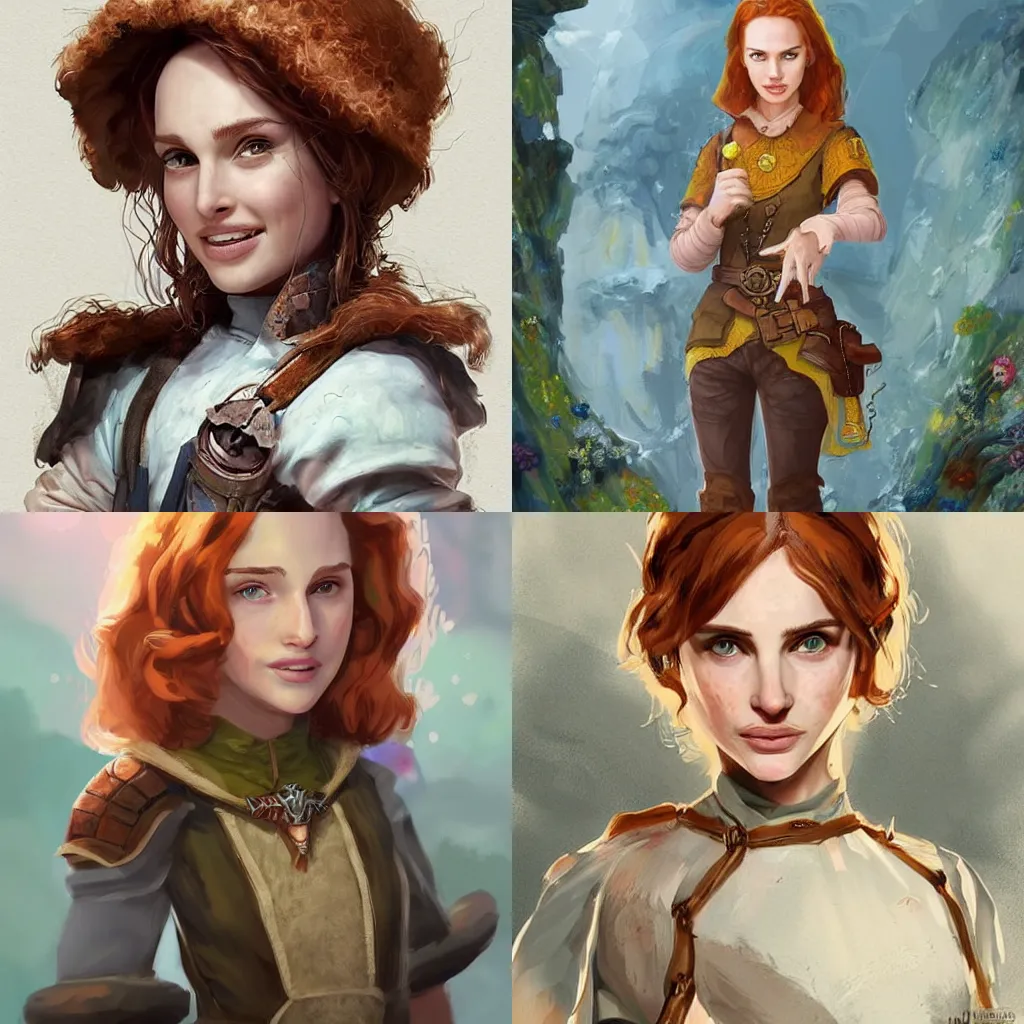 Prompt: young ginger, freckled Natalie Portman as a cheerful alchemist, highly detailed, dramatic, fantasy concept art by terry wei, OWL Studio and J.Dickenson, trending on Artstation, Pinterest