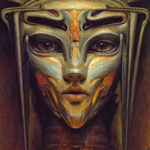 Image similar to masterpiece painting of the robot queen wearing a mask made of flowers, by annie swynnerton and diego rivera and jean delville, symbolist, dramatic lighting, god rays, elaborate geometric ornament, art brut, soft cool colors, smooth, sharp focus, extremely detailed, adolf wolfli