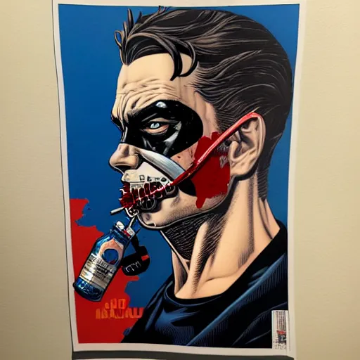 Image similar to a profile photo of an evil man with a diving oxygen mask with side profile blood in ocean intricate details by MARVEL comics and Sandra Chevrier-C