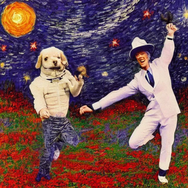 Image similar to david bowie wearing a fedora, kicking a puppy on the moon by monet