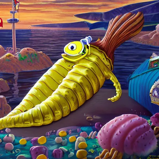 Prompt: spongebob squarepants rides the alaskan bull worm, extremely detailed oil painting, high clarity, highly detailed, abstract, deep aesthetic, 8 k, highly ornate intricate details, cinematic lighting, rich colors, digital artwork, beautiful scenic view, ray tracing, hyperrealistic, photorealistic, cinematic landscape, trending on artstation, concept art,