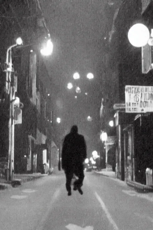 Image similar to still from vhs footage!! of cryptid! walking down street