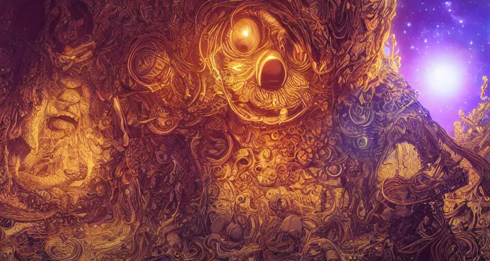 Image similar to the portrait of a smiling golden owl in the depths of the universe, an ultrafine hyperdetailed illustration by kim jung gi, irakli nadar, intricate linework, bright colors, octopath traveler, final fantasy, unreal engine 5 highly rendered, global illumination, radiant light, detailed and intricate environment, - h 1 0 2 4