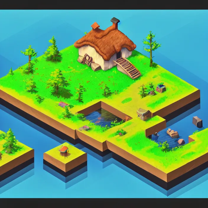 Prompt: isometric view of a cottage above an azure lake, beautiful game art, by thomas feichtmeir ( cyangmou ), by pixel jeff, by kirokaze, by waneella, by albertov, by junkboy, by retronator, clear focus, very coherent