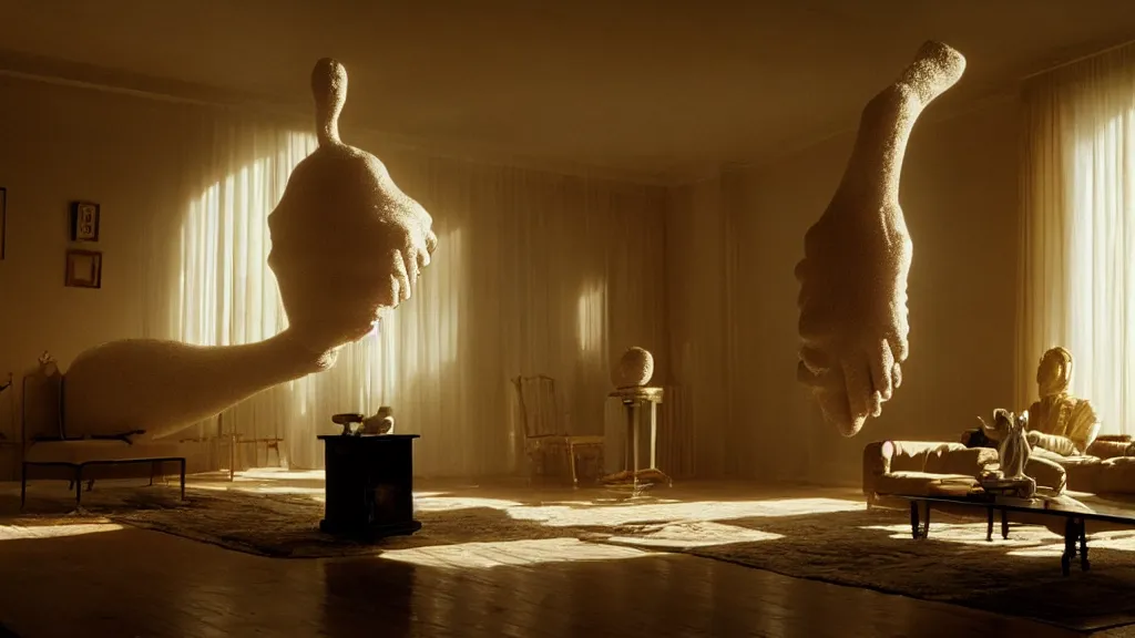 Image similar to a giant hand made of wax and water floats through the living room, film still from the movie directed by Denis Villeneuve with art direction by Salvador Dalí, wide lens