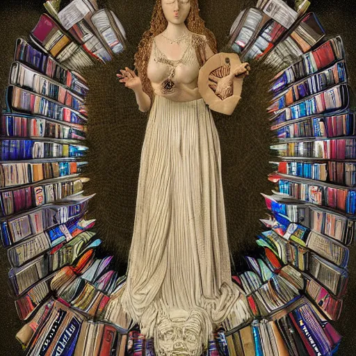 Image similar to 3 d goddess minerva, medium shot portrait. beautiful hyperrealistic intricate highly detailed and richly embroidered with esoteric symbols gown, surrounded by stacks of books bioluminescent, curious, plasma, 4 k surrealism