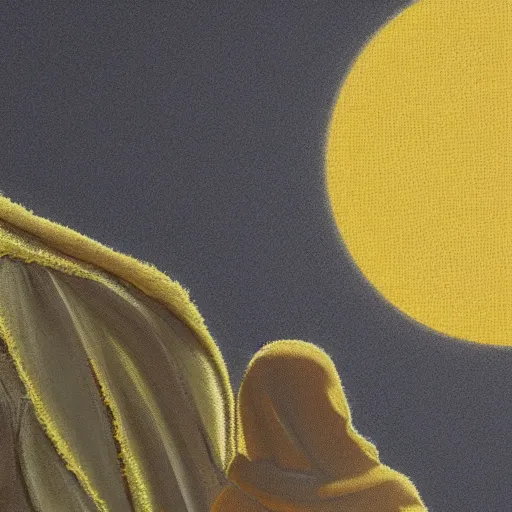 Prompt: A figure wearing frayed yellow hooded robes. Detailed. Solar Eclipse in background.