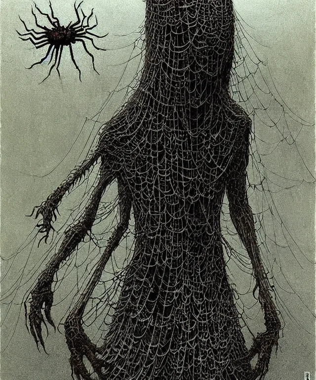 Prompt: a woman standing all covered in spiders. illustration of arachnophobia, fear of spiders, incredible number of spiders and bugs. extremely high details, realistic, horror, creepy, web, masterpiece, art by zdzislaw beksinski, arthur rackham, dariusz zawadzki