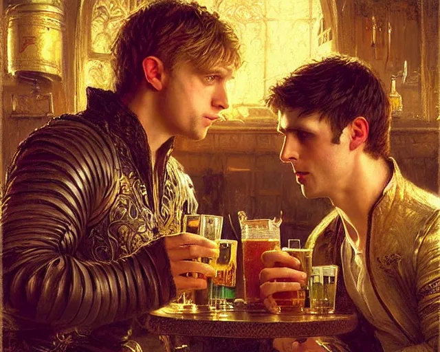 Image similar to attractive arthur pendragon and attractive merlin, both around 2 5 years old go to a pub together to have some drinks. highly detailed painting by gaston bussiere, craig mullins, j. c. leyendecker 8 k