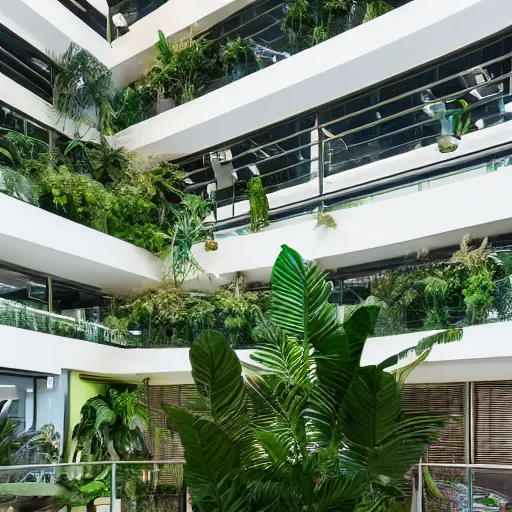 Prompt: The atrium of a refurbished contemporary building filled with tropical plants, 4k