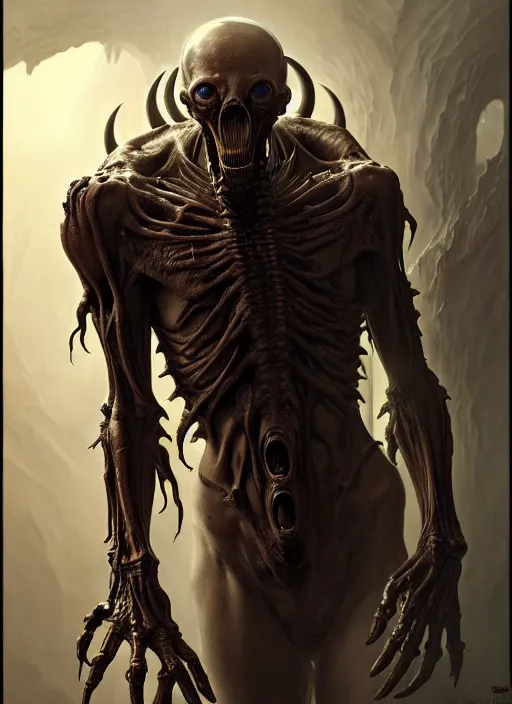 Image similar to ultra realistic, male human alien predator, gothic, fantasy, flesh, bone, body horror, intricate details, eerie, highly detailed, octane render, 8 k, art by artgerm and alphonse mucha and greg rutkowski