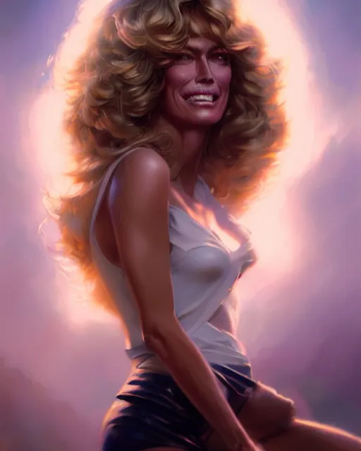 Prompt: photo of farra fawcett, film still, dslr, by greg rutkowski, enoch bolles, ross tran, artgerm, wlop glossy skin, intricate detail, art deco, pearlescent, very coherent, cute