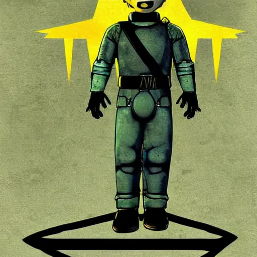 Image similar to digital art cold war poster of vault boy from fallout 3 game,