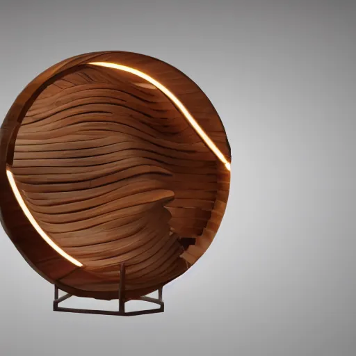 Prompt: circle shaped sculpture, curves, wood, lights