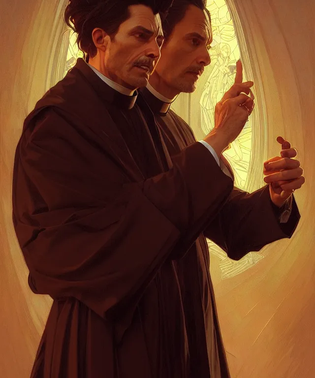 Image similar to a greedy preacher, an evil Catholic priest, portrait, intricate, elegant, highly detailed, digital painting, artstation, concept art, smooth, sharp focus, illustration, art by artgerm and greg rutkowski and alphonse mucha