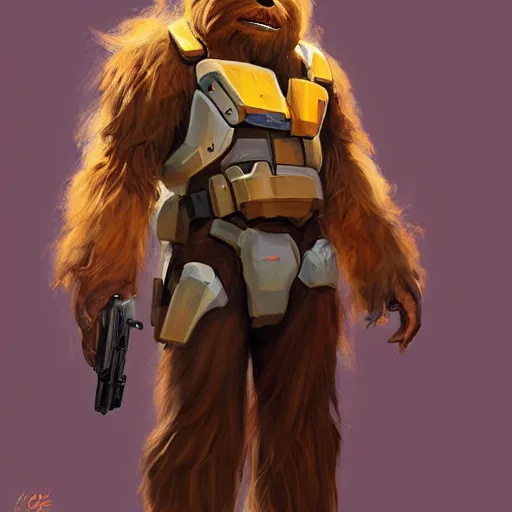 Image similar to greg manchess portrait painting of chewbacca as overwatch character, medium shot, asymmetrical, profile picture, organic painting, sunny day, matte painting, bold shapes, hard edges, street art, trending on artstation, by huang guangjian and gil elvgren and sachin teng