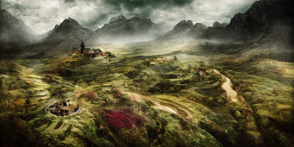 Image similar to rural southern hills, fantasy, by andreas franke