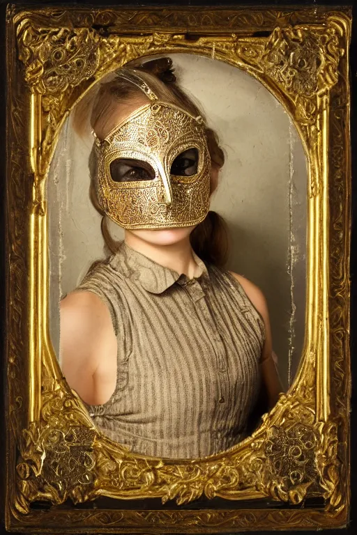 Image similar to a young woman dressed as a farmer from the middle ages, wearing an intricate gold mask. photoreal, metal filigree, realitic portrait.