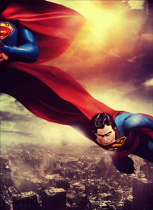 Prompt: “Tired Superman flying over destroyed city with, very old wrinkled face, bald head. Dark, photorealistic.”