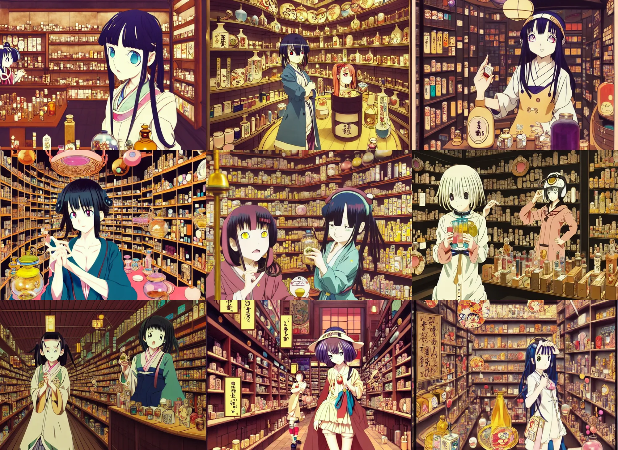 Prompt: lomography, anime, portrait of a young woman in a alchemist's potion shop interior shopping, cute face by yoshitoshi abe, katsuhiro otomo, dynamic pose and perspective, dramatic lighting, rounded curved facial features, yoshinari yoh, takashi murakami