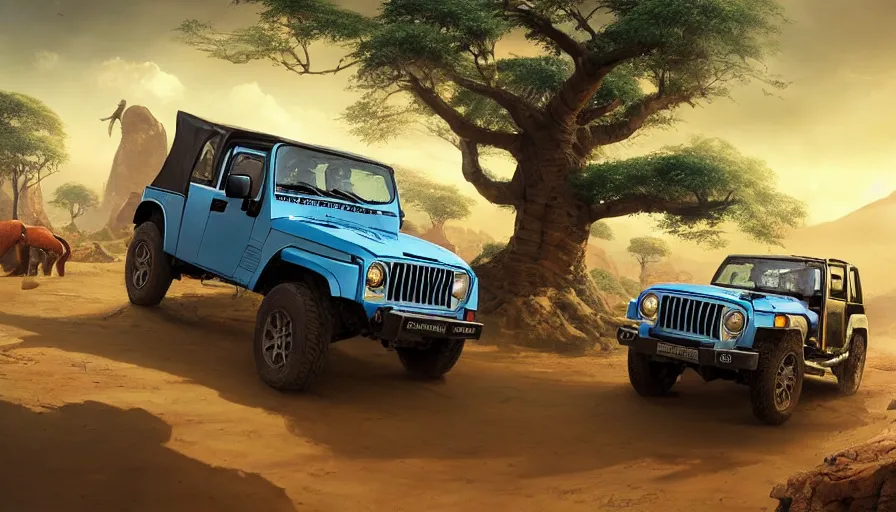 Prompt: mahindra thar driving through madagascar road with baobabs trees, animals running along, action scene, an epic fantasy, wide shot, artgerm, trending on artstation, masterpiece, by greg rutkowski, by ross tran, by fenghua zhong, octane, soft render, ultrarealistic, colorful, cinematic, shadow of the tomb rider