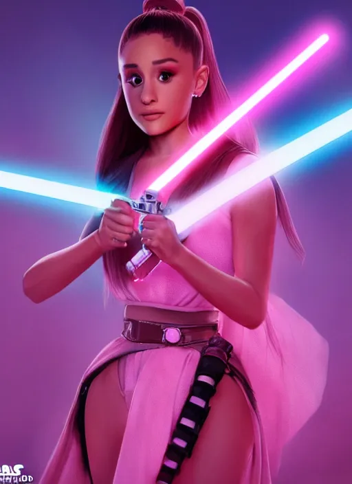 Prompt: An extremely detailed photo of Ariana Grande in the Star Wars universe with two pink lightsabers held in each hand. Maximum detail on artstation, photo realism, vivd details, vivd colour, volumetric lighting