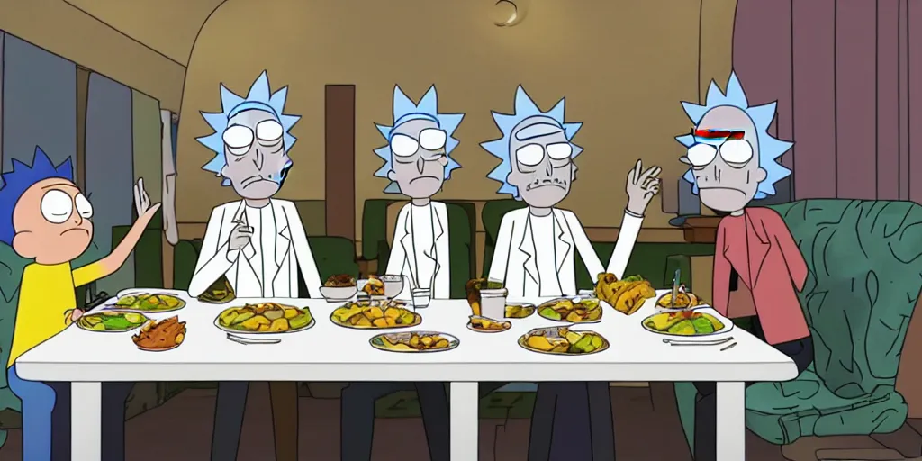 Prompt: Rick and Morty having dinner with the Solar Opposites on the table.
