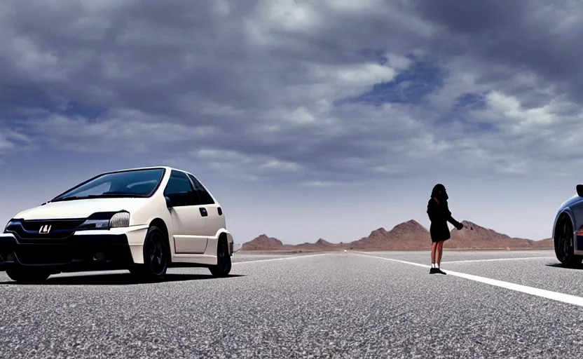 Image similar to photograph of a cell-shaded Honda EK9 Type-R with a lonely techwear woman , on a desert road with a futuristic city in the horizon, one point perspective, 1-point perspective, tilt shift, sigma 85mm f/1.4, 4k, depth of field, high resolution, 4k, 8k, hd, full color