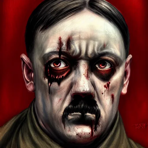 Prompt: head portrait of clothed adolf hitler as a zombie, 7 days to die zombie, gritty background, fine art, award winning, intricate, elegant, sharp focus, cinematic lighting, digital painting, 8 k concept art, art by michael hussar, art by brom, art by guweiz and z. w. gu, 8 k