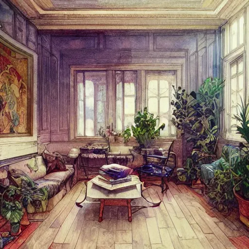 Image similar to a beautifull intricate watercolour painting of a living room with leaves, reflexions, verry high details by william turner art, greg rutkowski and alphonse mucha, trending on artstation, very very detailed, masterpiece, muted colors