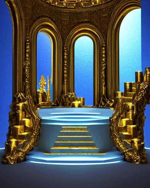 Image similar to scientifically realistic render scifi gold staircase to royal temple carved out of marble skeleton and blue gems and cyan crystal rendered in octane