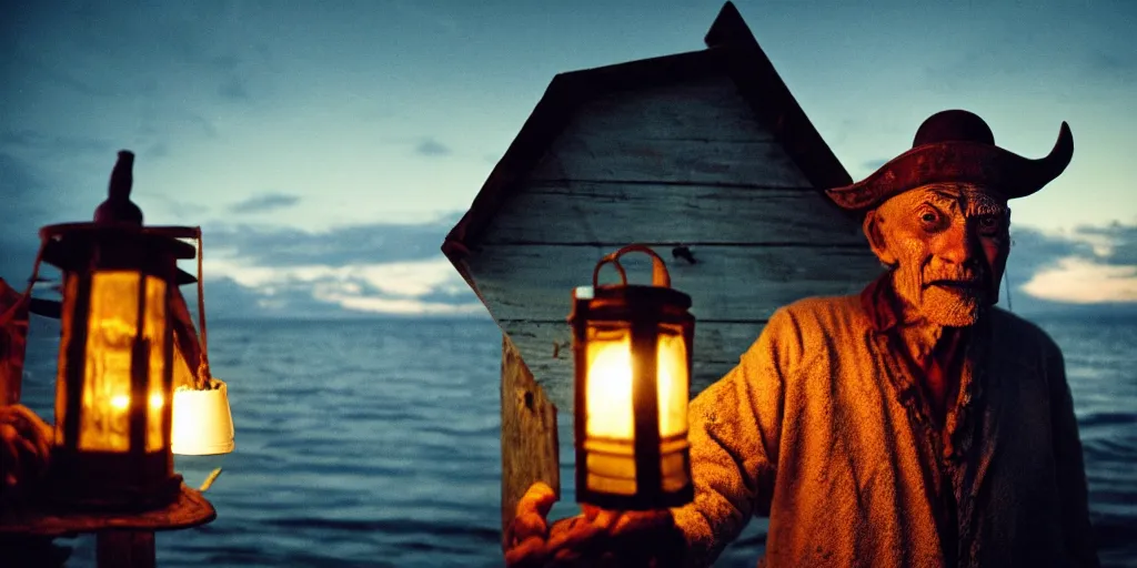 Image similar to film still of closeup old man holding up lantern by his beach hut at night. pirate ship in the ocean by emmanuel lubezki