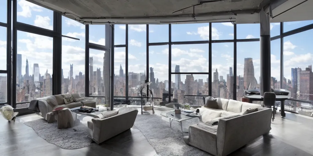 Prompt: futuristic modern apartment loft big windows new york