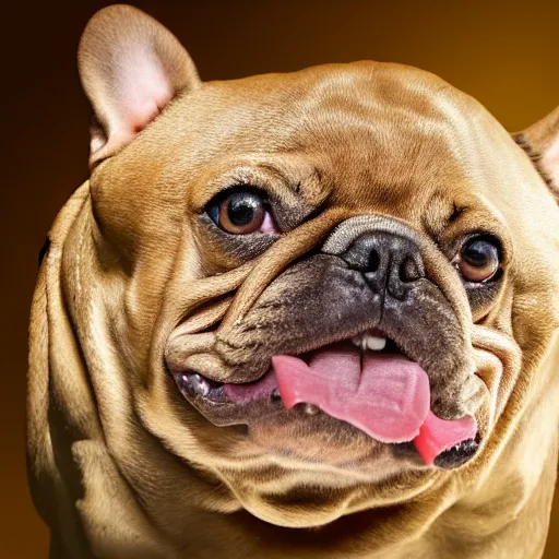 Prompt: an ancient roman gold coin with the face of a french bulldog, close up photo, ultra realistic, studio photo, bokeh.