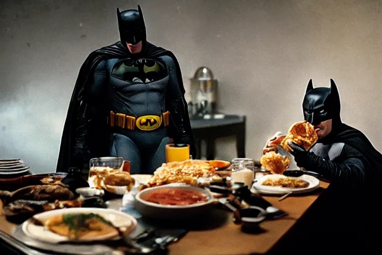 Image similar to portrait of Batman eating breakfast By Emmanuel Lubezki