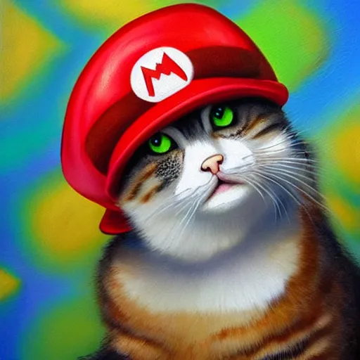 Prompt: A beautiful oil painting of a Kawaii Cat wearing a Super Mario Hat, nintendo, intricate, volumetric lighting, photorealistic, colorful, highly detailed.