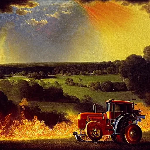 Image similar to a burning tractor over a rainbow as a baroque painting