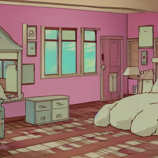 Image similar to a bedroom in the style of studio ghibli