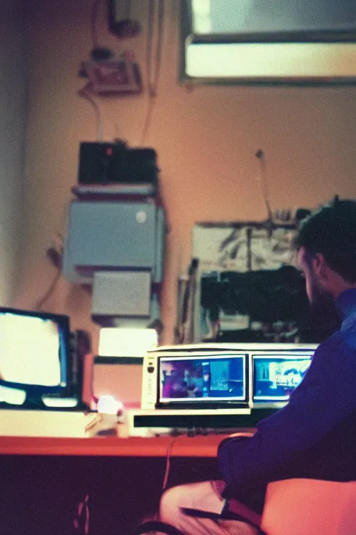 Image similar to agfa vista 4 0 0 photograph of a guy sitting at a computer desk in a cluttered room, back view, synth vibe, vaporwave colors, lens flare, moody lighting, moody vibe, telephoto, 9 0 s vibe, blurry background, grain, tranquil, calm, faded!,