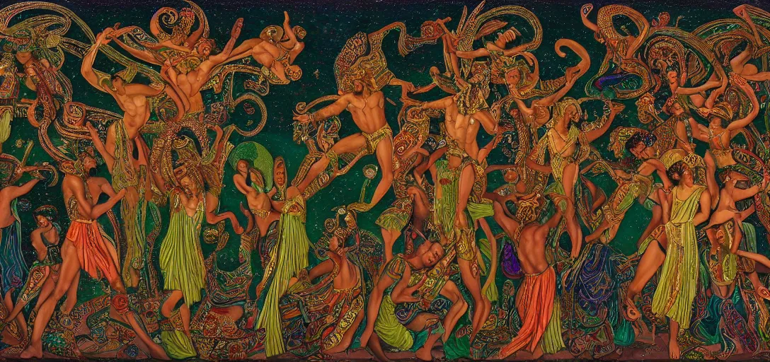 Image similar to an abstract spiritual background, multiracial greek gods dancing, green eyes. 2 4 mm, photorealistic, muted color scheme, directed by mati klarwein and mat collishaw