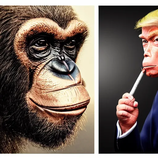 Image similar to a high detail photo of donald trump smoking a cigarrette, subject= chimp, subject detail: extremly detailed, subject action: smoking a cigar, photorealism, dramatic lighting, award winning photograph, trending on artstation