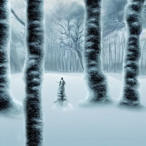 Prompt: figure frozen in solid block of ice in snowy forest, concept fantasy art, winter landscape