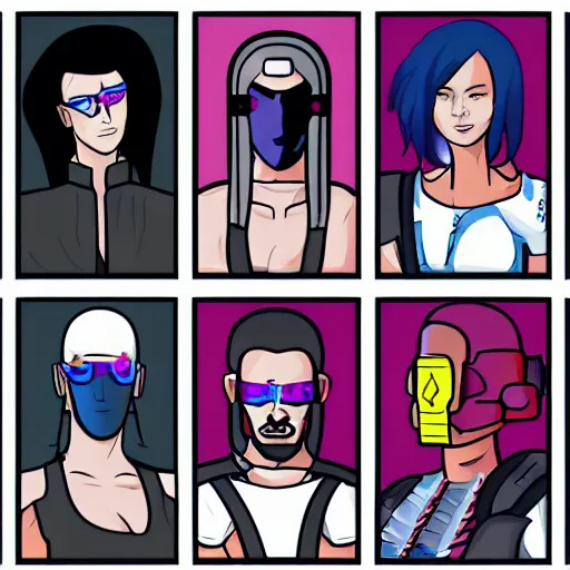 Image similar to crew of cyberpunk characters, white background