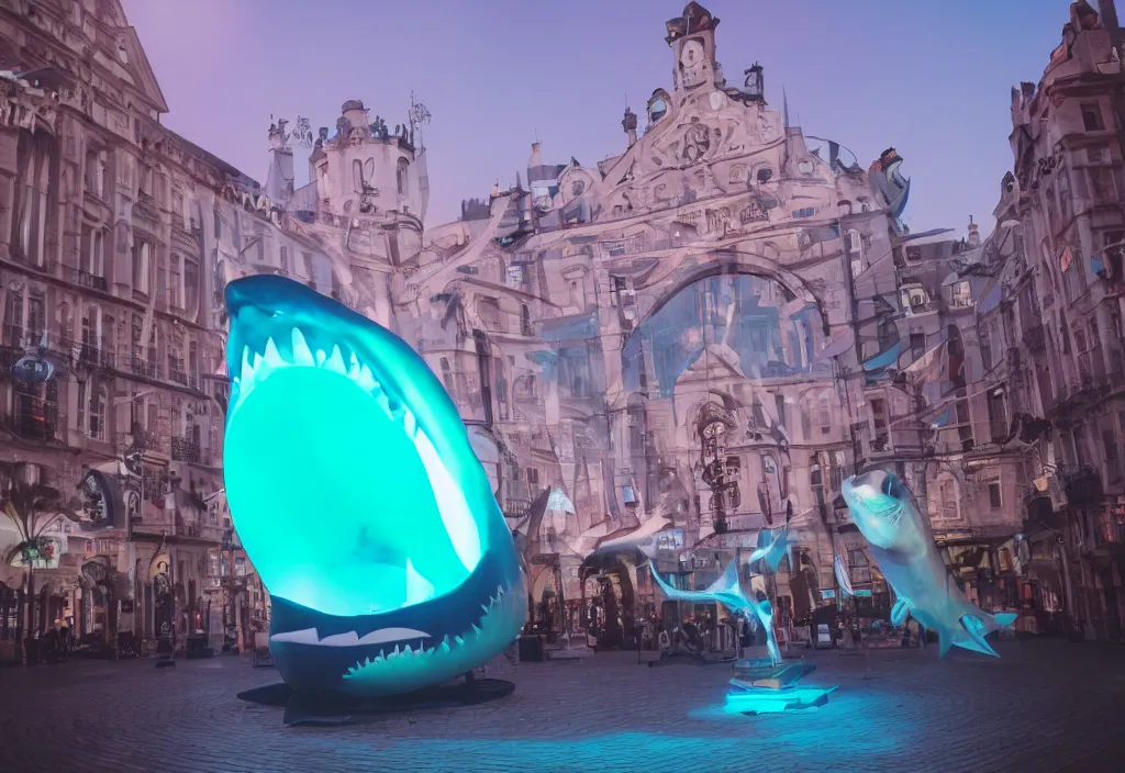 Prompt: 3 d 🦈 popping out of curved screen, town square, volumetric lighting, shot on 7 0 mm, instax