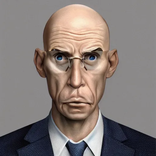 Image similar to A middle-aged Dr. Venture in real life with a hooked nose, a long gaunt face and skinny body and neck, very thin and bald, realistic, very realistic, hyperrealistic, highly detailed, very detailed, extremely detailed, detailed, digital art, oil painting, trending on artstation, headshot and bodyshot, detailed face, very detailed face, extremely detailed face, HD Quality, 8k resolution, very very detailed face, real life