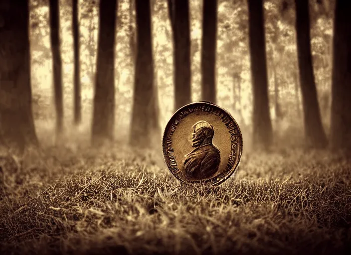 Image similar to old retro burnt out sepia photograph with scratches of an old and wrinkled man biting into a golden coin with his teeth. magical forest in the background with bokeh. Antique. High quality 8k. Intricate. Sony a7r iv 35mm. Award winning. Zdzislaw beksinski style