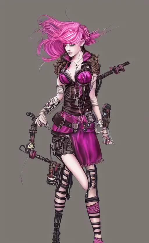 Prompt: pink hair girl dressed with inspirations from steampunk style, high detailed, digital art, trending on artstation, devianart, cgsociety