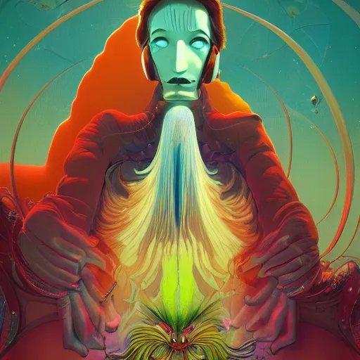 Image similar to colourful breathtakingly weird beautiful powerful magical wonderfully majestic beautifully cool character by michael whelan and moebius and beeple and kilian eng and dan mcpharlin and pascal blanche and jamie hewlett and richard dadd, symmetrical, magical stormy reflections, smoke on water, 8 k artstation